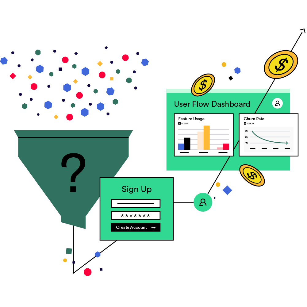 Illustration showing a funnel producing cash